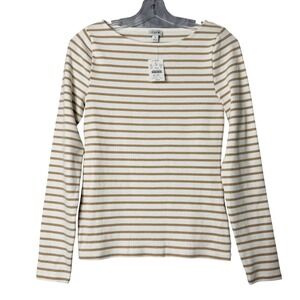 New J. Crew Factory Metallic Strip Boatneck Tee Womens S White Gold Long‎ Sleeve
